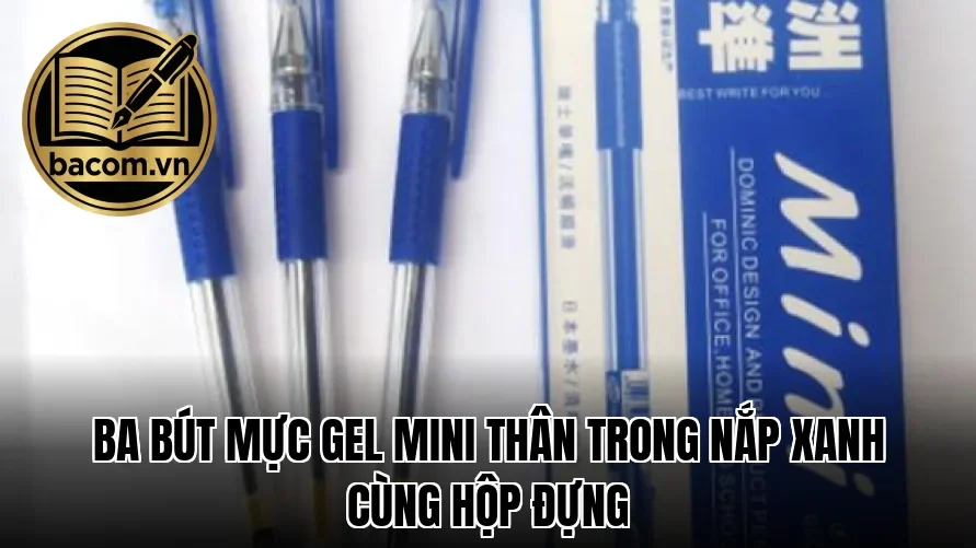 Ba bút mực gel mini thân trong nắp xanh cùng hộp đựng