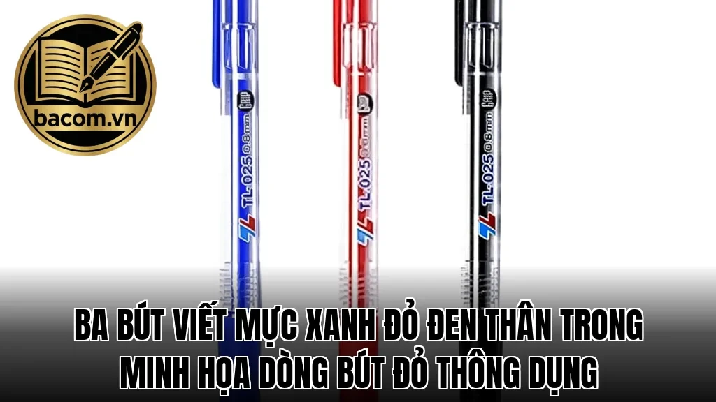 Ba bút viết mực xanh đỏ đen thân trong minh họa dòng bút đỏ thông dụng