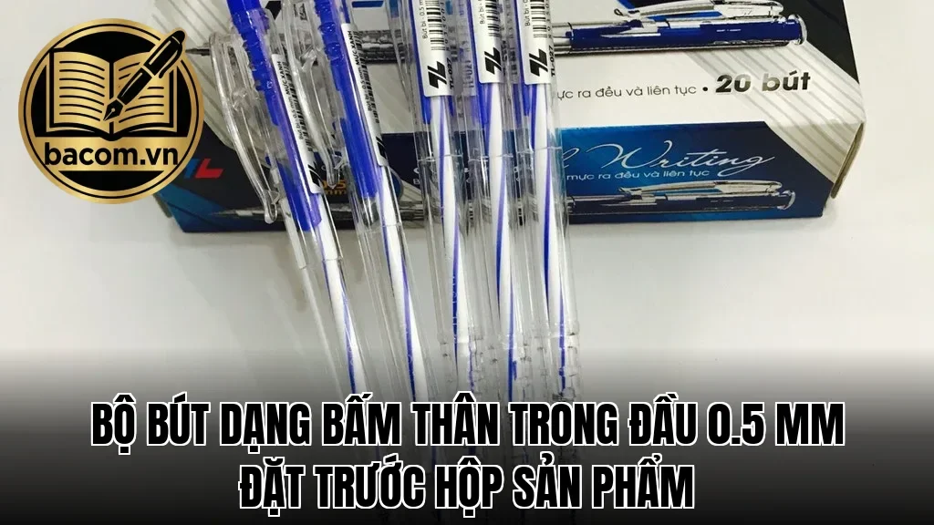 Bộ bút dạng bấm thân trong đầu 0.5 mm đặt trước hộp sản phẩm
