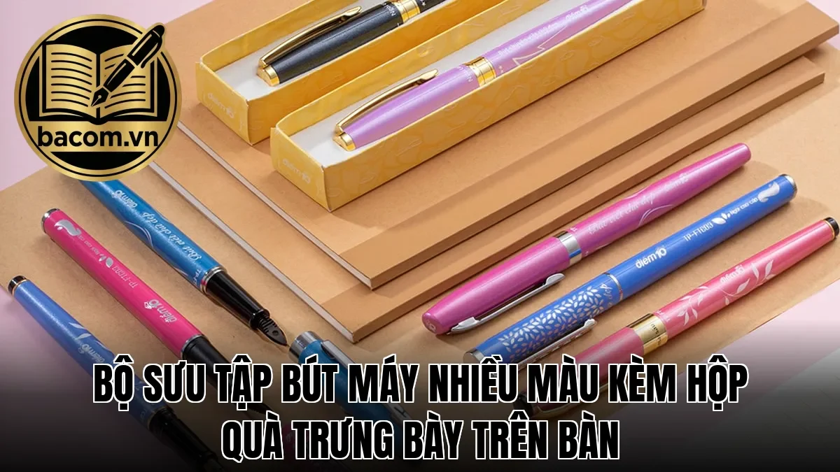 Bộ sưu tập bút máy nhiều màu kèm hộp quà trưng bày trên bàn