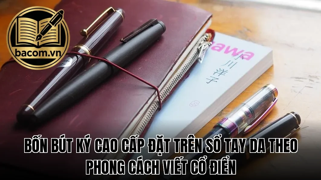 Bốn bút ký cao cấp đặt trên sổ tay da theo phong cách viết cổ điển
