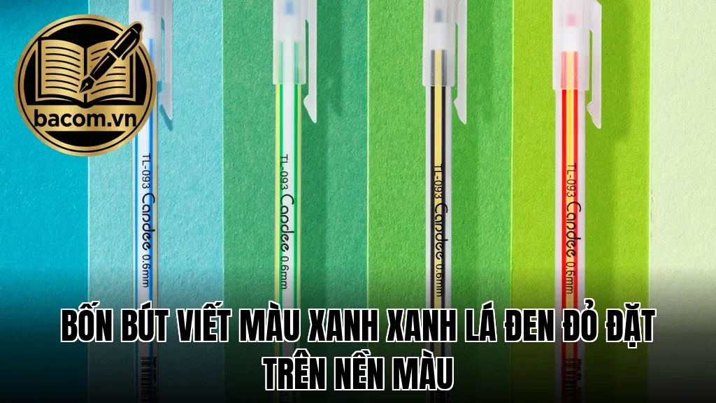 Bốn bút viết màu xanh xanh lá đen đỏ đặt trên nền màu