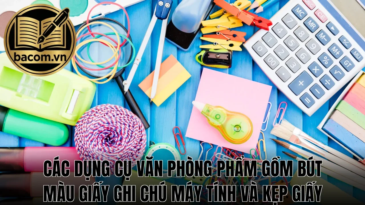 Các dụng cụ văn phòng phẩm gồm bút màu giấy ghi chú máy tính và kẹp giấy