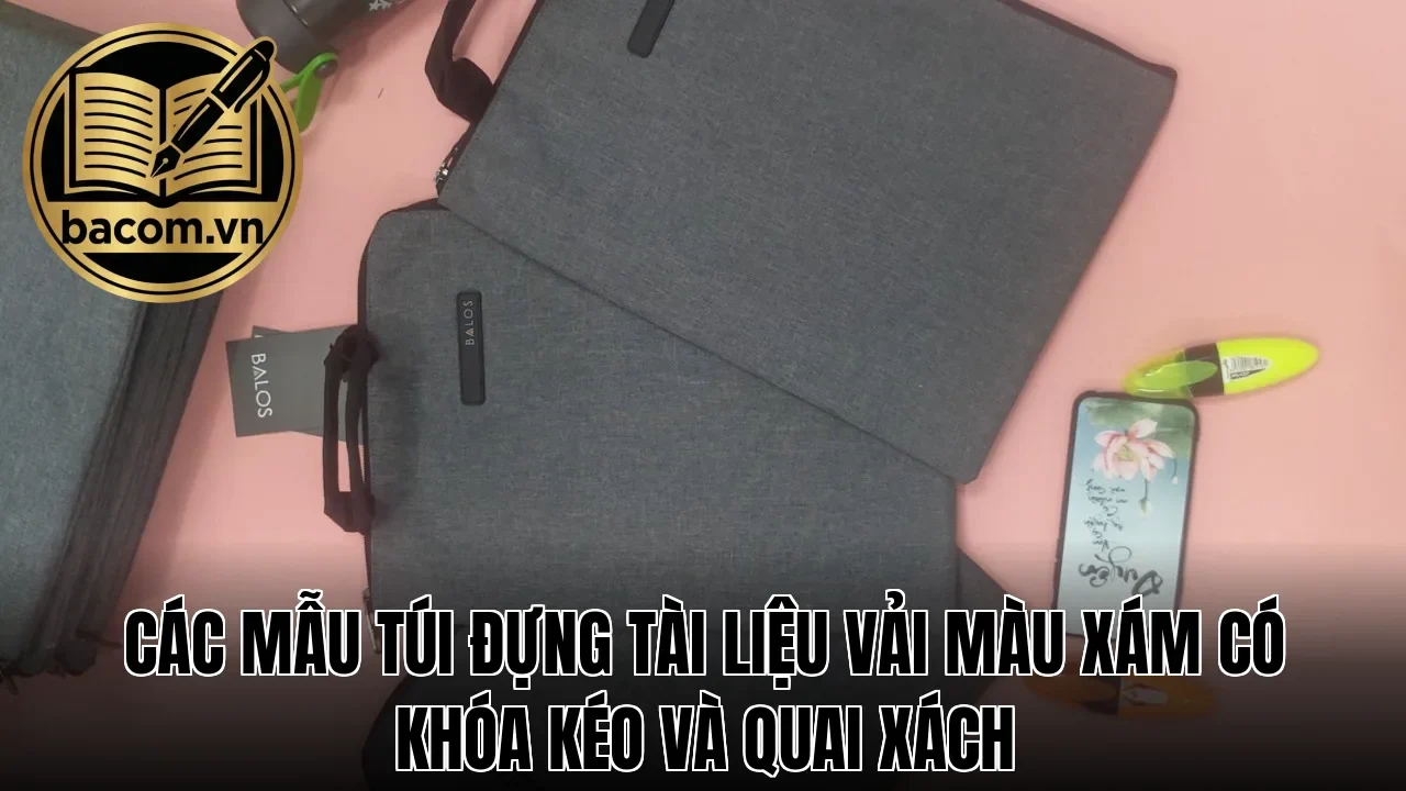 Các mẫu túi đựng tài liệu vải màu xám có khóa kéo và quai xách