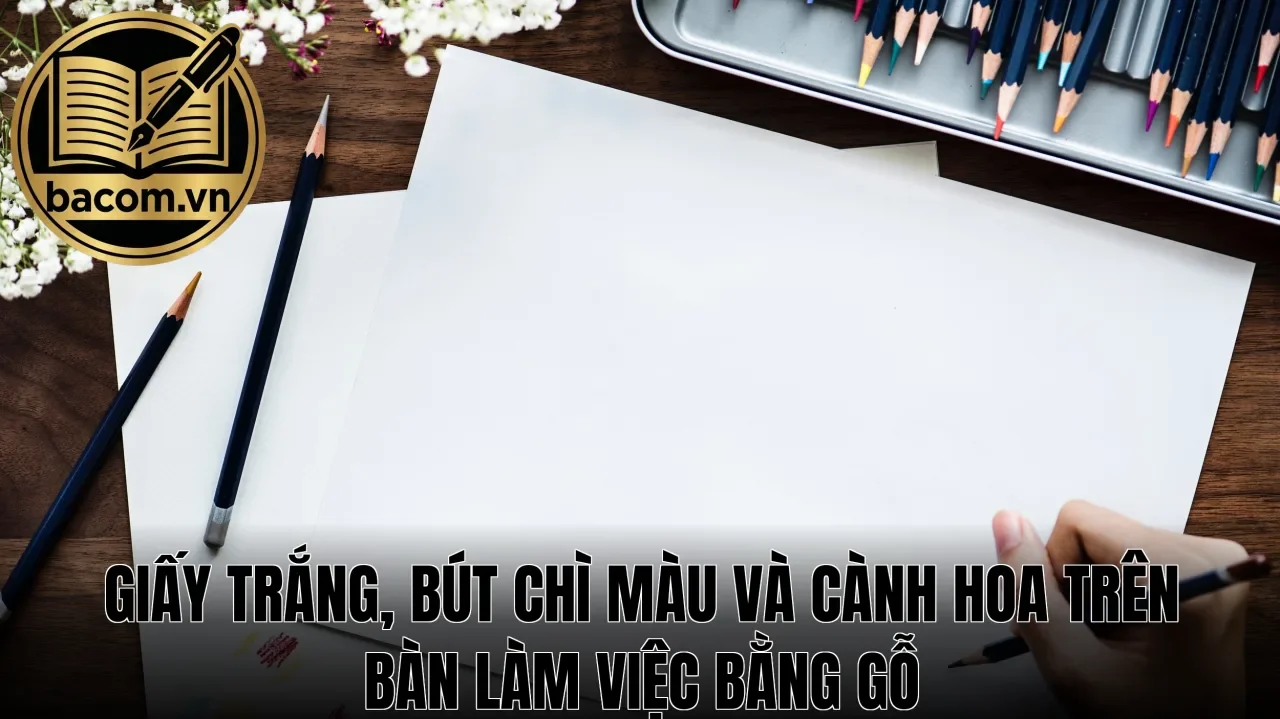 Giấy trắng, bút chì màu và cành hoa trên bàn làm việc bằng gỗ