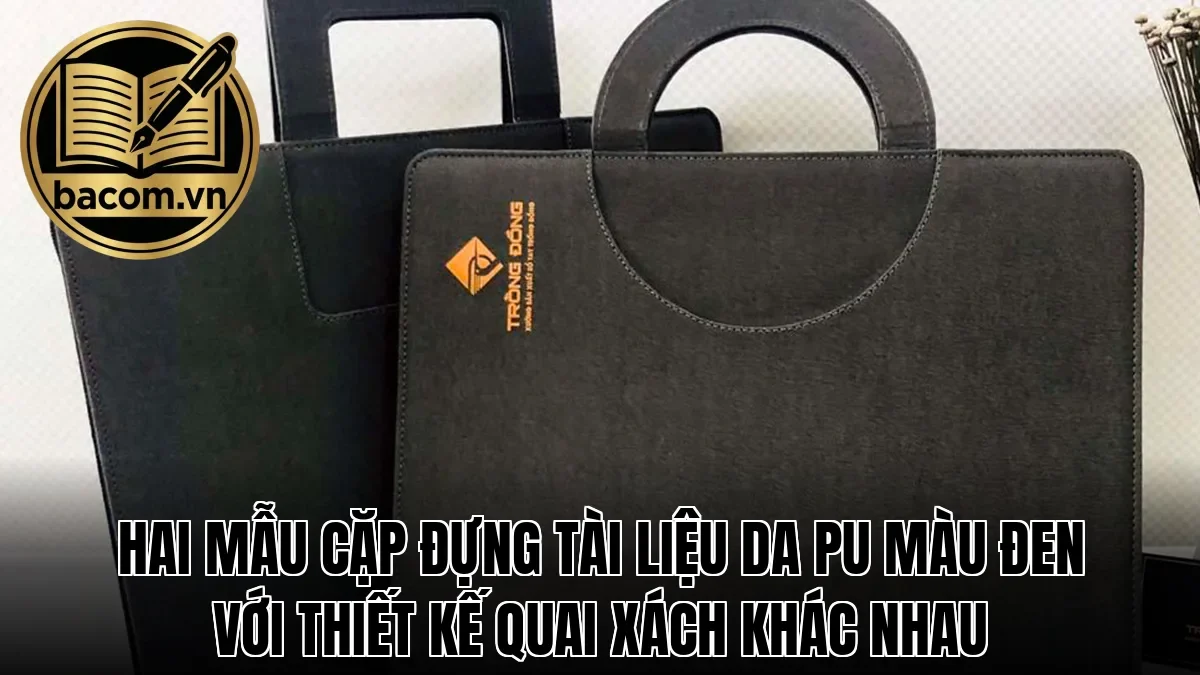 Hai mẫu cặp đựng tài liệu da PU màu đen với thiết kế quai xách khác nhau