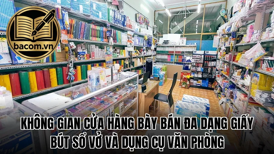 Không gian cửa hàng bày bán đa dạng giấy bút sổ vở và dụng cụ văn phòng