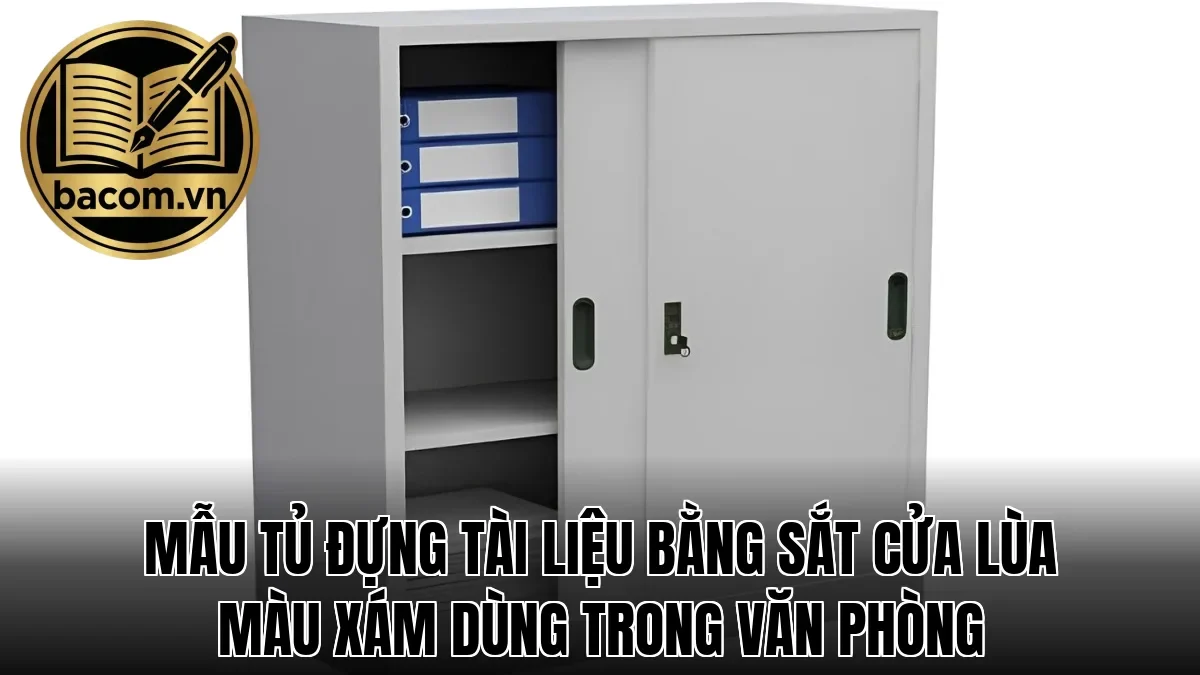 Mẫu tủ đựng tài liệu bằng sắt cửa lùa màu xám dùng trong văn phòng