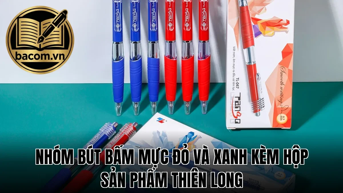 Nhóm bút bấm mực đỏ và xanh kèm hộp sản phẩm Thiên Long