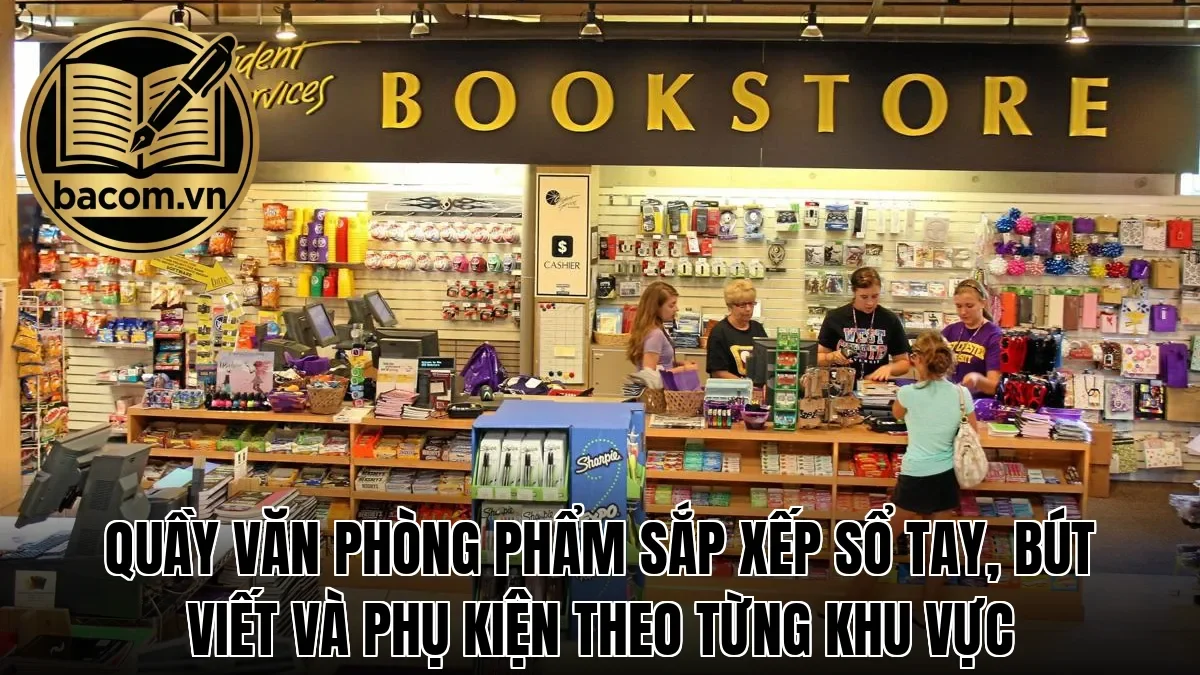 Quầy văn phòng phẩm sắp xếp sổ tay, bút viết và phụ kiện theo từng khu vực