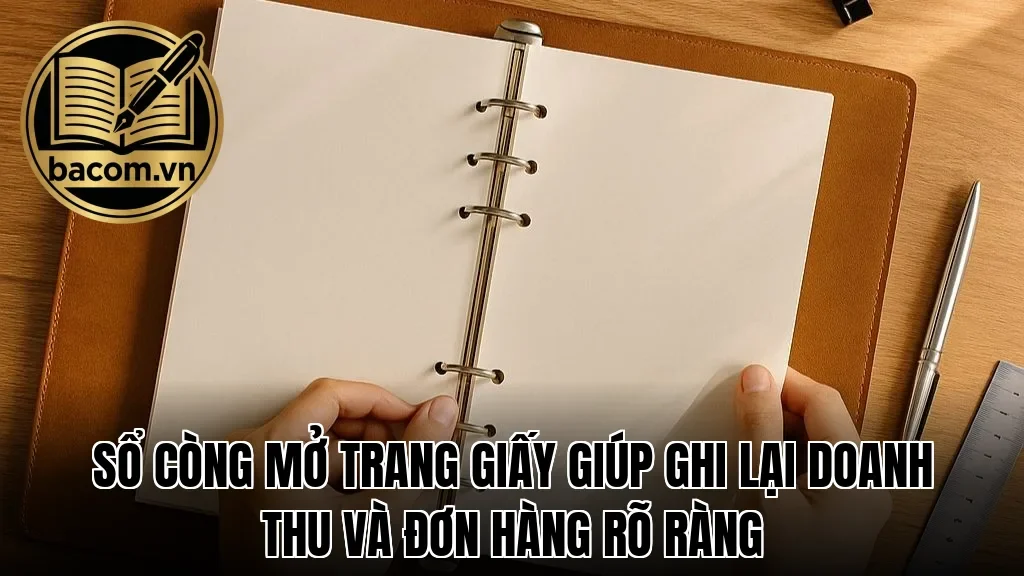 Sổ còng mở trang giấy giúp ghi lại doanh thu và đơn hàng rõ ràng