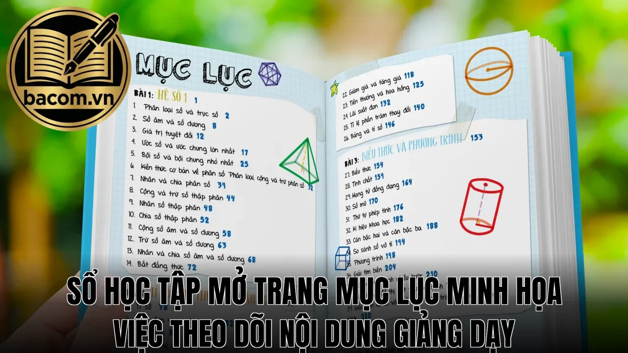 Sổ học tập mở trang mục lục minh họa việc theo dõi nội dung giảng dạy