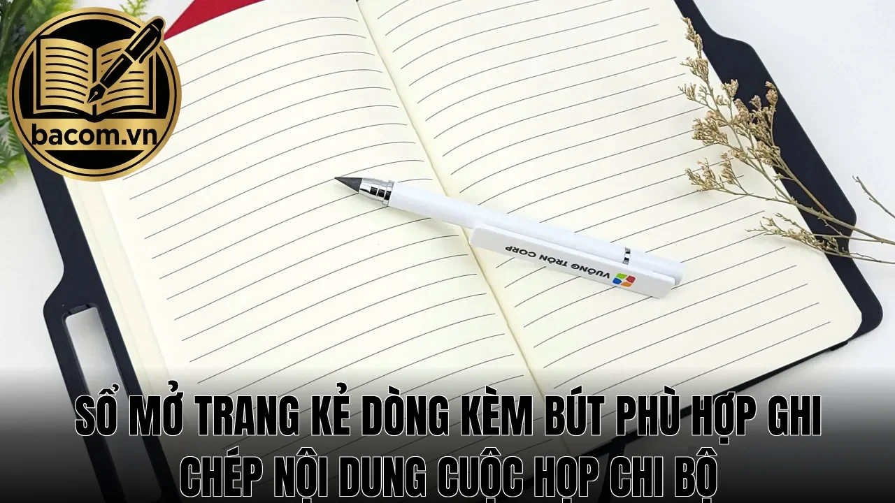 Sổ mở trang kẻ dòng kèm bút phù hợp ghi chép nội dung cuộc họp chi bộ