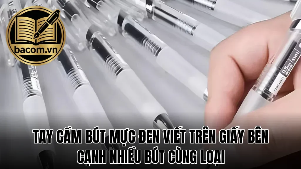 Tay cầm bút mực đen viết trên giấy bên cạnh nhiều bút cùng loại