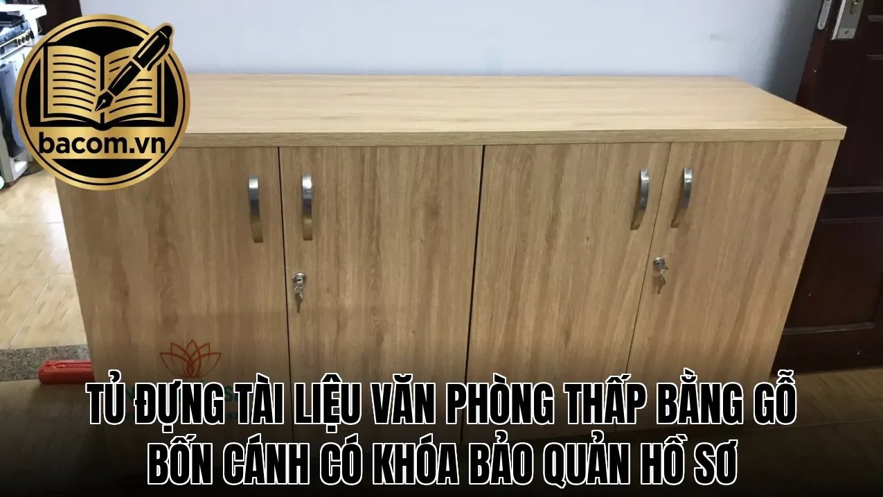 Tủ đựng tài liệu văn phòng thấp bằng gỗ bốn cánh có khóa bảo quản hồ sơ