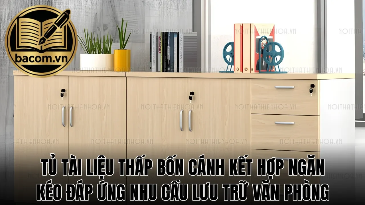 Tủ tài liệu thấp bốn cánh kết hợp ngăn kéo đáp ứng nhu cầu lưu trữ văn phòng