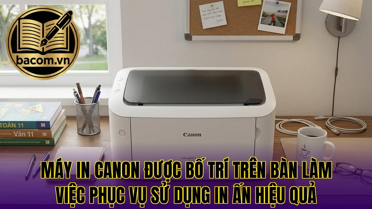 Máy in Canon được bố trí trên bàn làm việc phục vụ sử dụng in ấn hiệu quả